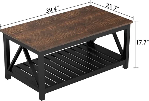 Vista 2 de Mesa de café ChooChoo negra, mesa rústica vintage con estante para sala de estar, 40 pulgadas