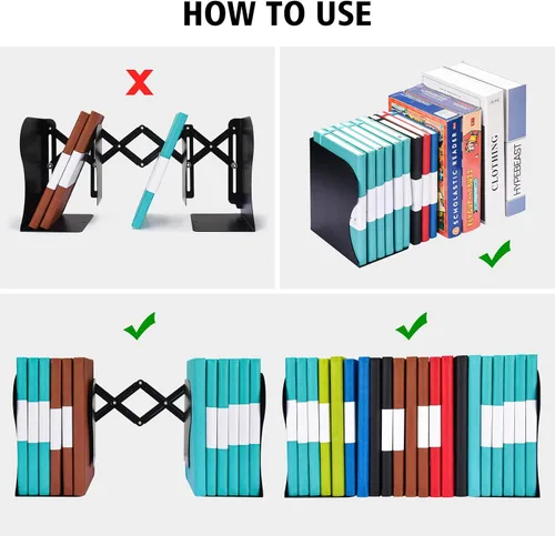 Vista 5 de Sujetalibros ajustables, extremos de metal para libros pesados, 2 divisores, soporte antideslizante para escritorio, estante, oficina, papelería