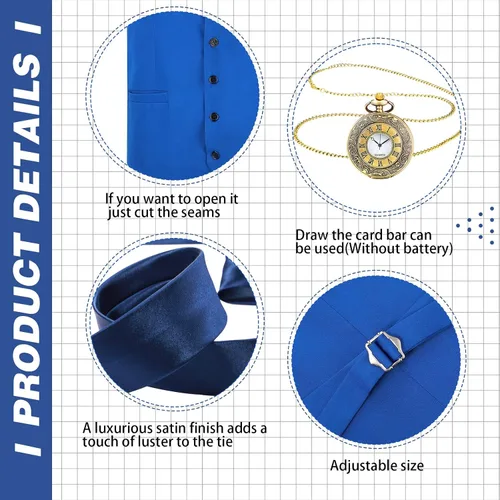 Vista 5 de Disfraz de los años 20 para hombre, atuendo con accesorios, chaleco de gángster de Gatsby, sombrero de fieltro, reloj de bolsillo vintage, tirantes