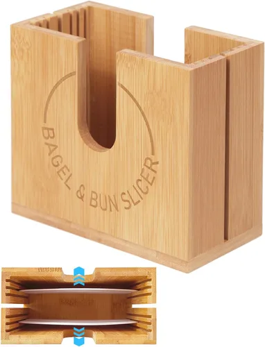 Vista 7 de Soporte de corte de bagel ajustable Soporte de corte de bagel de bambú con ranuras ajustables de ancho para bagels pequeños y grandes, bollos