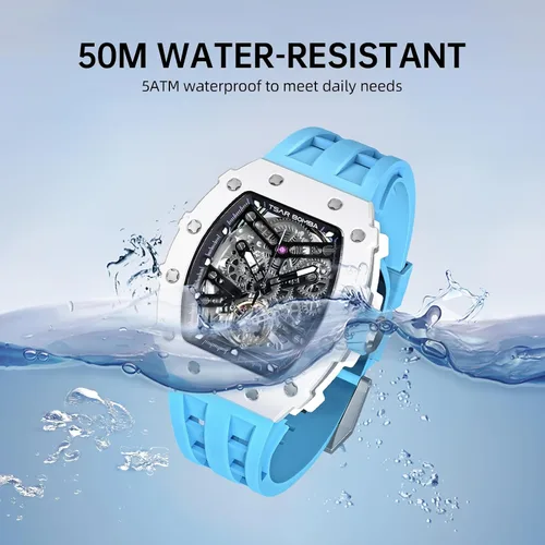 Vista 7 de Watch for Men, Automatic Skeleton Mechanical Mens Watch, 50M Waterproof Luxury Tonneau Square Big Face Dial Watch with SiliconeFluoroelastomer Watch