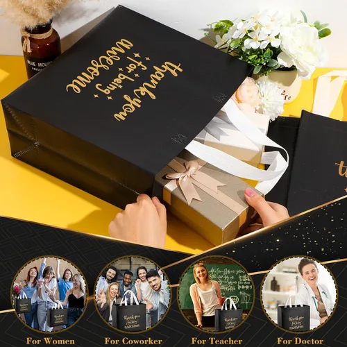 Vista 2 de Abbylike 24 bolsas de regalo de agradecimiento a granel para empleados, bolsas con asas, reutilizables para graduación, día del padre, oficina, Negro