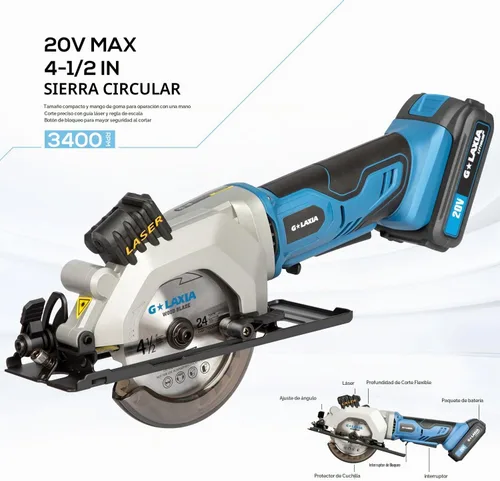 Vista 2 de Mini sierra circular inalámbrica de 20 V, 2.0 Ah, sierra compacta con guía láser