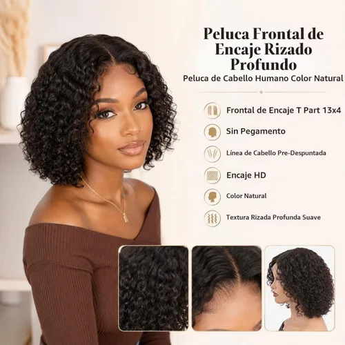 Vista 2 de Peluca de cabello humano rizado profundo de 12 pulgadas para NATURAL-RIZADO