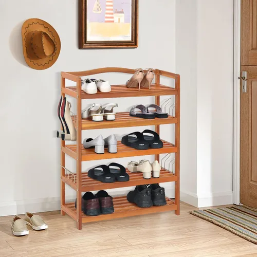 Vista 2 de Giantex Zapatero de 5 niveles, estante de madera de acacia con ganchos laterales de metal, capacidad para 12-18 pares, organizador de zapatos