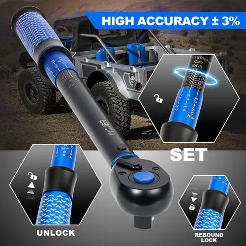 Vista 4 de Llave dinamométrica 1/2, llave dinamométrica mejorada automática, 10-180ft.lb ±3% Accuracy Dual-Direction, Adjustable 72 Tooth Inch Pound Torque