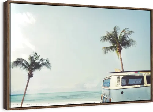 Vista 10 de ElephantStock - Retro Surf Van Wall Art - Horizontal Floating Framed Canvas - Living Room Wall Decor - Photography Beach Framed Canvas Art - Blue