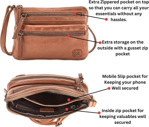 Vista 3 de Wise Owl Accessories Bolso bandolera pequeño de cuero real para mujer, bolso cruzado de moda