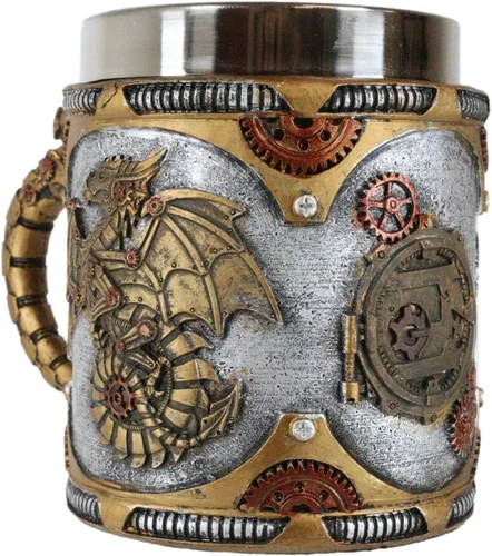 Vista 3 de Ebros Gift Fantasía Golden Steampunk Cyborg Dragón robótico en viaje a la luna Cerveza Stein Tankard Taza de café Calabozos y Dragones Victoriano