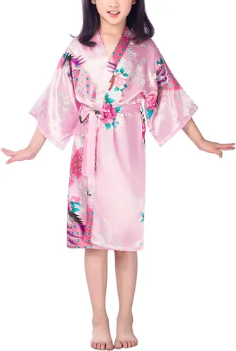 Vista 3 de Kimono Wonderfit satinado con tocado de pavo real y flores para niñas para spa cumpleaños boda