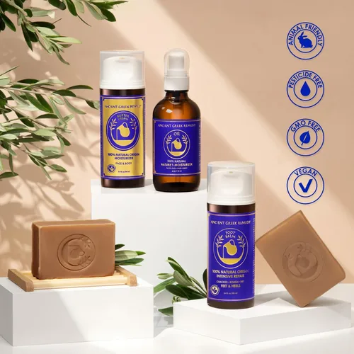 Vista 5 de Ancient Greek Remedy Set de regalo de spa orgánico – Aceite corporal, hidratante facial, bálsamo de pies y 2 barras de jabón – Cesta de regalo