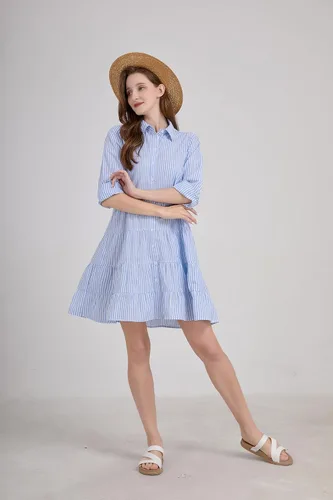 Vista 3 de utcoco Vestido camisero a rayas con botones para mujer, casual, holgado, con puños, manga larga, vestidos largos