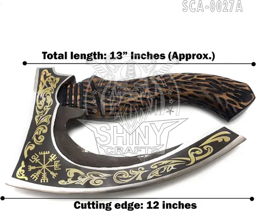 Vista 2 de SHINY CRAFTS® Hacha Cortadora de Pizza Vikinga – Hoja de Acero al Carbono con Grabado Negro y Funda – Auténtico Regalo Medieval para Él, Hacha