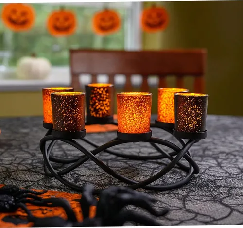 Vista 20 de Portavelas de Halloween Decoración de Centro de Mesa – Portavelas de Hierro Metal Negro de 6 Copas para Velas Votivas y de Té para Mesa Espeluznante