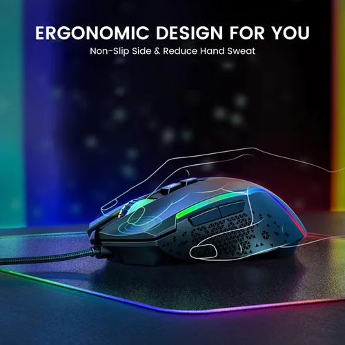 Vista 4 de EKSA Mouse para juegos mouse ergonómico con cable con 7 botones programables retroiluminación Chroma RGB 6 y ajustable 8000 DPI para jugadores de PC