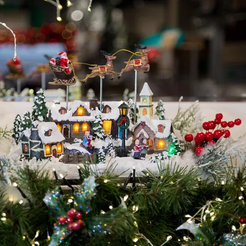 Vista 5 de Kurt Adler Pueblo musical LED con pilas con Papá Noel y ciervos, 11 pulgadas