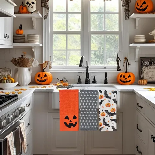 Vista 6 de Haunted - Juego de toallas de mano de cocina de Halloween: Jack O' Lantern Orange Terry Loop, lazo de rizo de punto blanco elevado, diseños