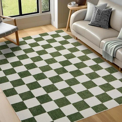 Vista 2 de Alfombra Lavable 5x7 de Cuadros, Alfombra de Área Verde y Blanca, Alfombras Grandes Boho para Sala de Estar, Alfombra de Bajo Pilo Ligera para Verde