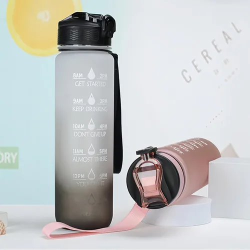 Vista 3 de Botella de agua de 33.8 fl oz, a prueba de fugas, libre de BPA y tóxicos, botella deportiva motivacional con tiempos para beber y pajita, fitness