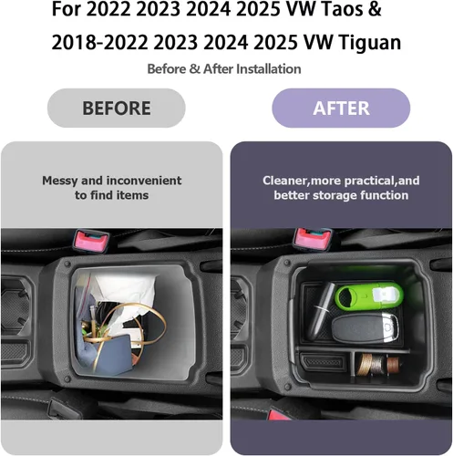 Vista 2 de Accesorios interiores para VW Taos 2024 2025, Tiguan 2018-2025 y Taos 2022-2025 organizador de consola central con reposabrazos, organizador