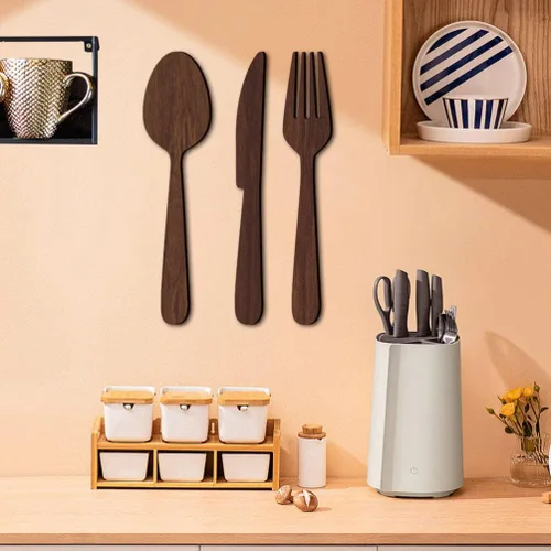 Vista 4 de DOITOOL 1 juego de utensilios de cocina de madera rústica para decoración de pared, con encantador, tenedor, cuchara y cuchillo, decoración