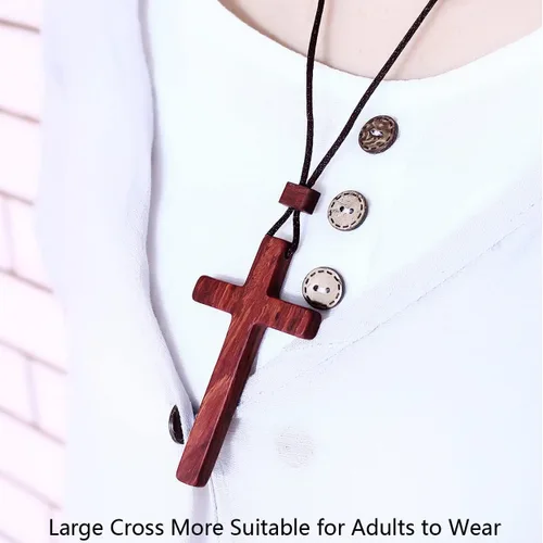 Vista 5 de Collares con colgante de cruz de madera natural para niños, niñas, mujeres, hombres, sándalo, hecho a mano, madera, colgante del espejo retrovisor
