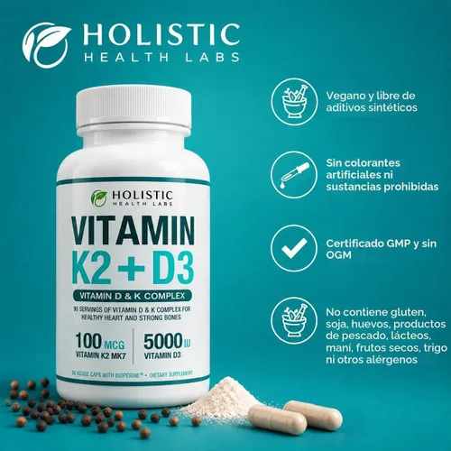 Vista 3 de Vitamina K2 + D3 de absorción máxima (5000UI), 90 cápsulas vegetales de MK-7 (Menaquinona-7) y colecalciferol (con BioPerina) Suministro de 3 meses