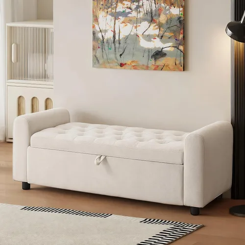 Vista 22 de 48" Ottoman with Storage, Tufted Storage Ottoman Bench, Convenient Living Room Fabrics Bench Seat, Entryway Shoe Benches with Inner Zipper & Arm