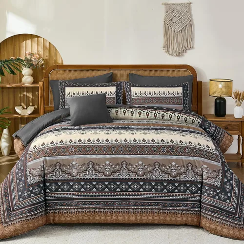 Vista 10 de Cottolester - Juego de edredón bohemio de tamaño matrimonial, 8 piezas, ropa de cama de microfibra suave en una bolsa, rayada y de color aguamarina