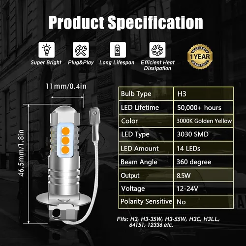 Vista 5 de H3 - Bombillas LED antiniebla, paquete de 2, bombillas LED H3 extremadamente brillantes de 3030 chips con proyector para luces antiniebla