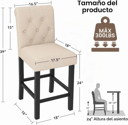 Vista 2 de LSSBOUGHT - Taburetes de barra, 24 pulgadas de altura tapizados con botones y patas de madera sólida, juego de 2 (Beige)