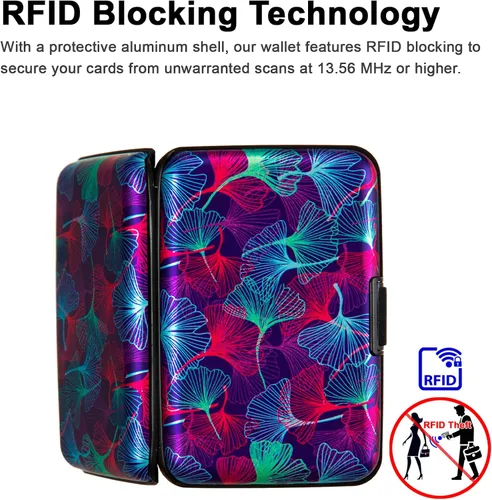 Vista 3 de Credit Card Holder, Metal Card Wallet RFID Blocking Mini Slim Aluminum Business Hard Card Case for Women Men (Neon Ginkgo Leaves)