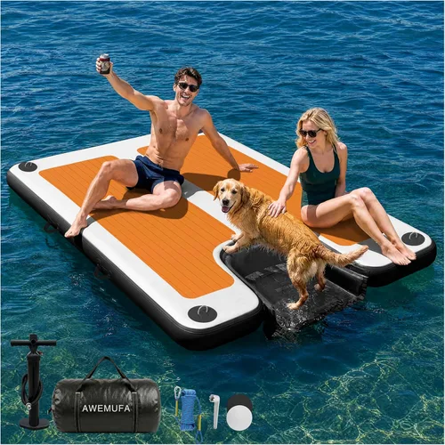 Vista 21 de AWEMUFA Muelle flotante inflable con rampa de 5 pies/6 pies/8 pies/10 pies, plataforma flotante flotante, tapete flotante de isla flotante, flotador
