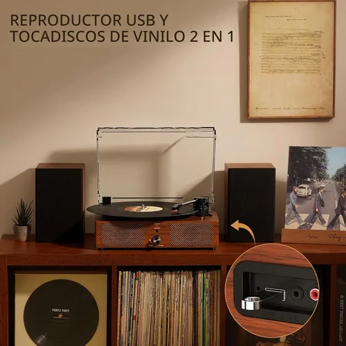 Vista 3 de Tocadiscos de vinilo con receptor Bluetooth integrado y 2 altavoces estéreo, 3 velocidades y 3 tamaños, tocadiscos retro portátil para Amarillo