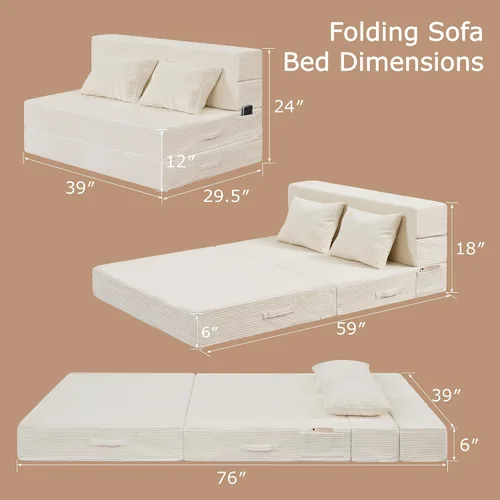 Vista 2 de Sofá Cama Individual Plegable Silla Sofá Cama con Almohada, Twin, Beige Cama de silla plegable
