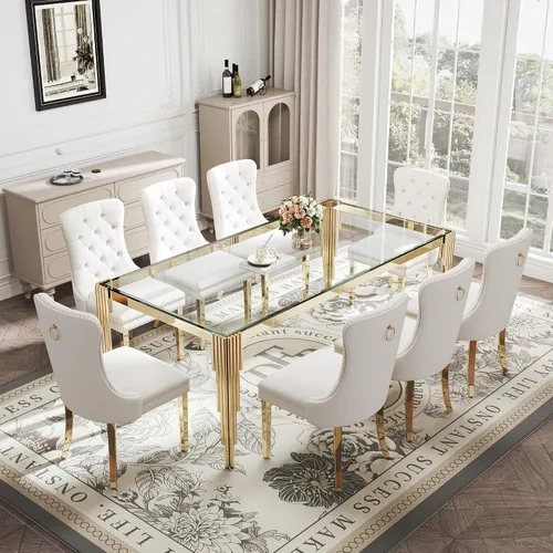 Vista 14 de Juego de mesa de comedor de cristal de 5 piezas para 4, mesa de cocina cuadrada de 37 pulgadas con 4 sillas tapizadas de terciopelo negro, mesa