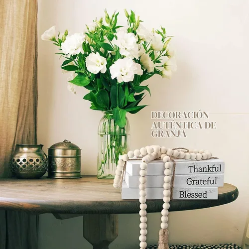 Vista 4 de Jetec 3 libros decorativos blancos de imitación de decoración de granja con guirnalda de cuentas de madera de 58 pulgadas para sala de estar, mesa