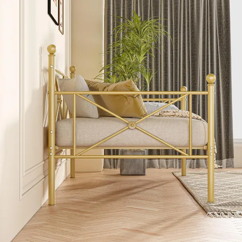 Vista 3 de VECELO Marco de cama de día con cabecero, plataforma de soporte de listones de metal resistente para sala de estar, habitación de invitados, fácil
