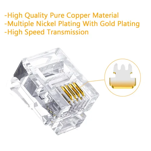 Vista 4 de Conectores RJ11 6P4C Enchufe de teléfono Modular Enchufe Adaptador de Conector de Conector de Cable Teléfono Extremo Crimpado Conector de Cable