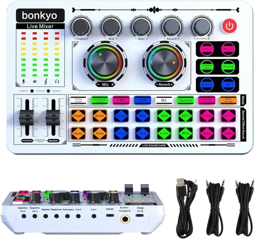 Vista 10 de Mezclador de Audio Profesional, Tarjeta de Sonido en Vivo F999 con Mezclador DJ para Transmisión/Podcast/Juegos, Equipo Profesional de Estudio