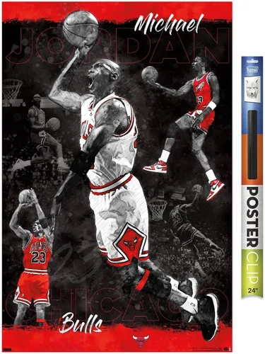 Vista 17 de Trends International Michael Jordan - Póster de pared de bosquejo, 14.725 x 22.375 pulgadas, versión enmarcada de madera de granero Versión