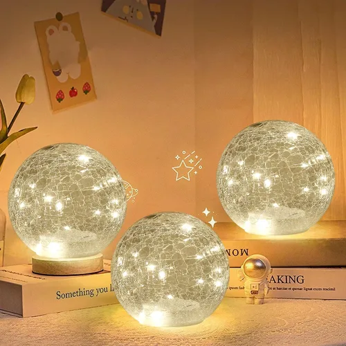 Vista 5 de Lámpara LED de globo agrietado de 6 pulgadas, funciona con pilas, luz de bola de vidrio agrietado de mercurio dorado con interruptor inferior