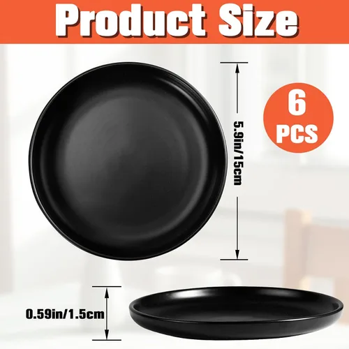 Vista 2 de Jeffbaubl 6 platos de cerámica, 5.9 pulgadas, negro, redondos Negro-6 piezas