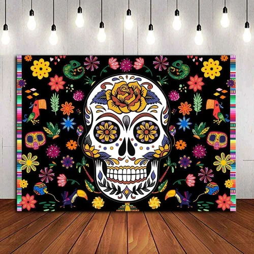 Vista 3 de Telón de fondo de fotografía temática del Día de los Muertos, decoración de fiesta de cumpleaños, fiesta mexicana, día de los muertos, baby shower