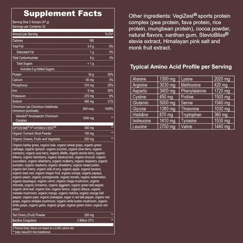 Vista 6 de Proteína vegana deportiva en polvo de chocolate, 20 porciones, 1.06 oz de proteína a base de plantas, VELOSITOL, BCAAs, verduras y frutas orgánicas