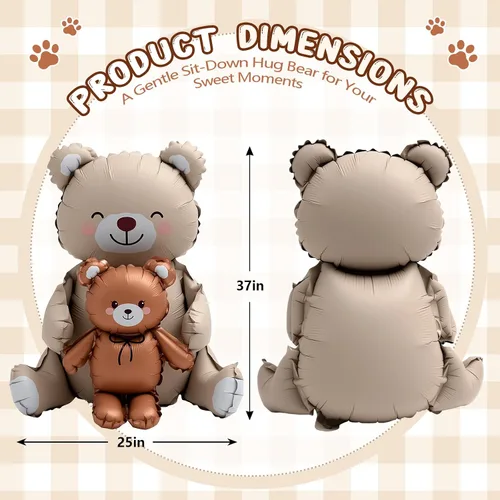 Vista 2 de Simgoing 2 globos de aluminio de oso marrón grande de 21 x 35 pulgadas Globos inflables de oso de dibujos animados grandes mate para baby shower