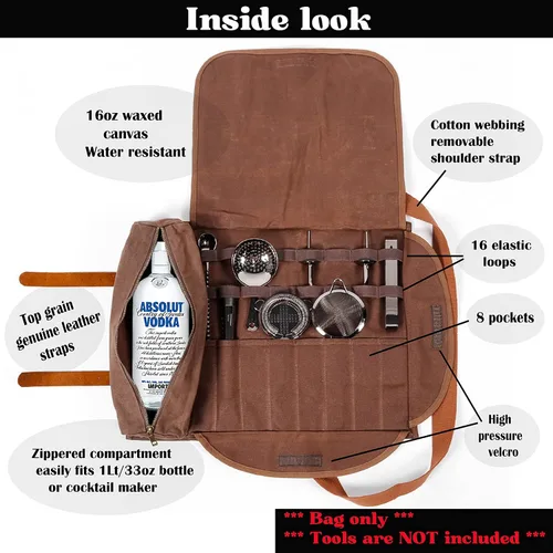 Vista 2 de Bolsa para herramientas de barman de Beemojo, de lona encerada, resistente al agua, con correas ajustables para el hombro, asas de cuero genuino, 16