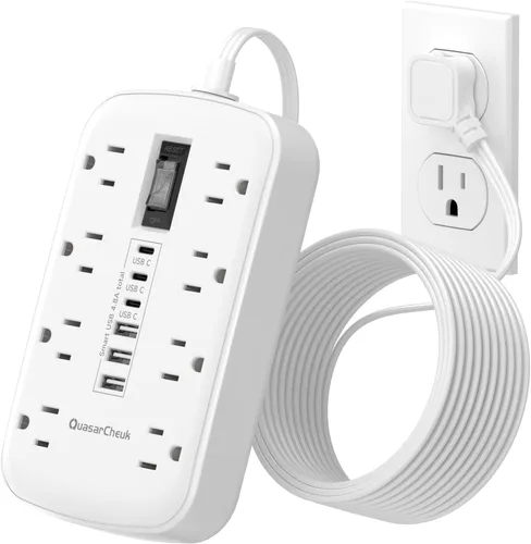 Vista 12 de Cable de extensión corto de 2 pulgadas, regleta pequeña extensor de toma plana protector contra sobretensiones con 8 salidas de CA, 6 USB