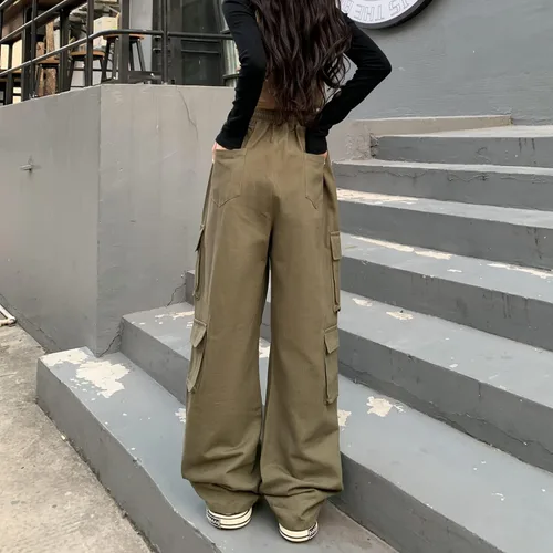 Vista 3 de Weierpidan Pantalones cargo para mujer, de cintura alta, estilo casual, con 10 bolsillos, ajuste relajado