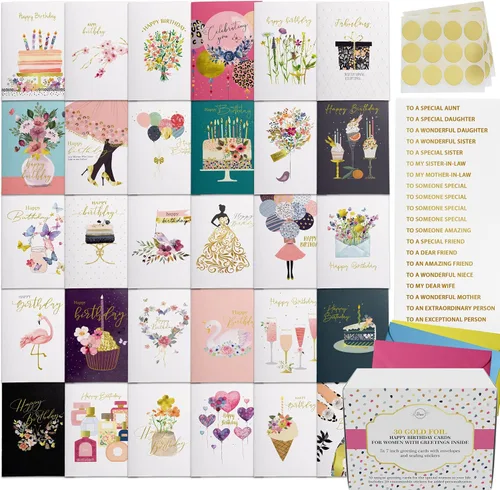 Vista 11 de Dessie 30 tarjetas únicas de feliz cumpleaños 5x7 - Tarjetas de cumpleaños a granel con lámina dorada con mensaje en el interior. 32 sobres blancos